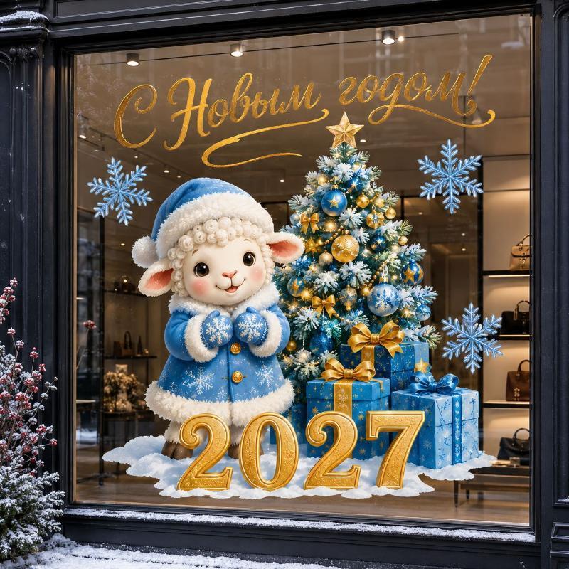 2027 Sheep Static Window Sticker Happy New Year Decals Cute Lamb Christmas Window Decor Home Decoration Shop Glass Ornament