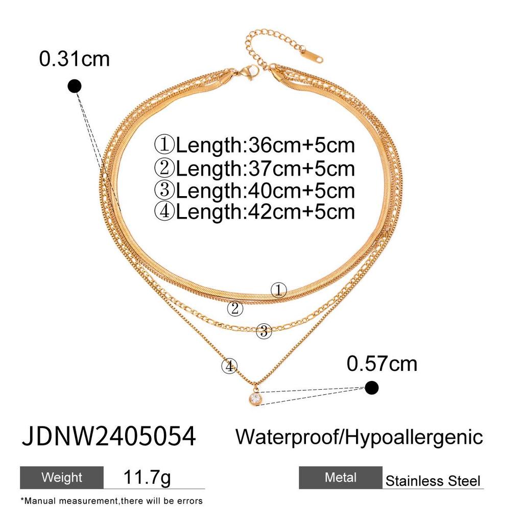 European & American Influencer Fashion Necklace: 18K Gold Stainless Steel Four-Layer Chain with Diamond Pendant.