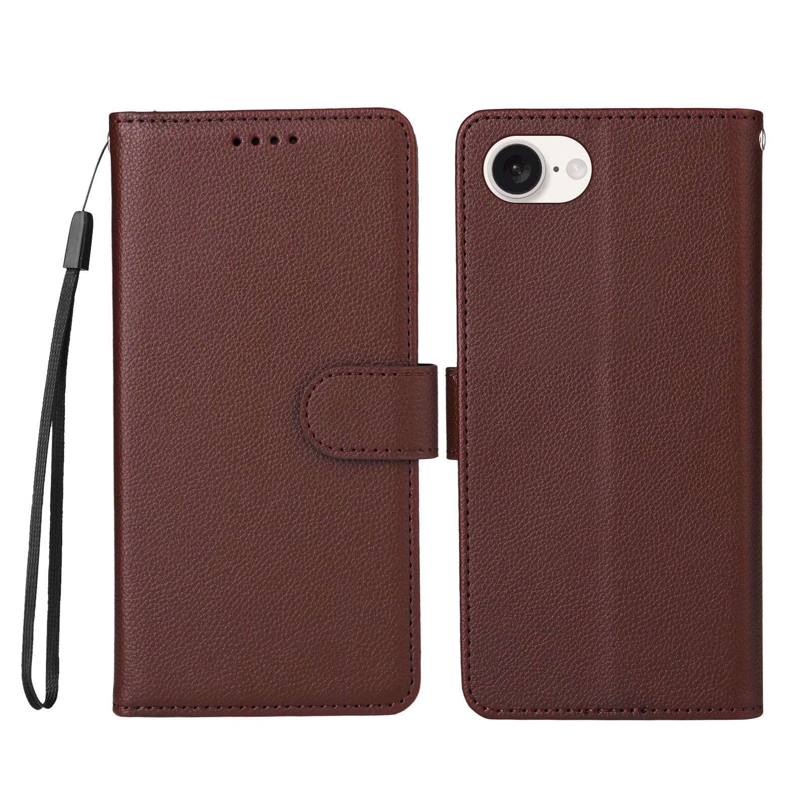 

For iPhone 16e Case RFID Blocking 3 Card Slots PU Leather Phone Cover with Wrist Strap Brown