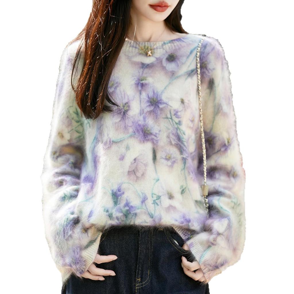 Autumn/Winter 2026 Women's Printed Knit Wool Sweater - Seamless, Plush, Loose Fit, Long Sleeve Top.