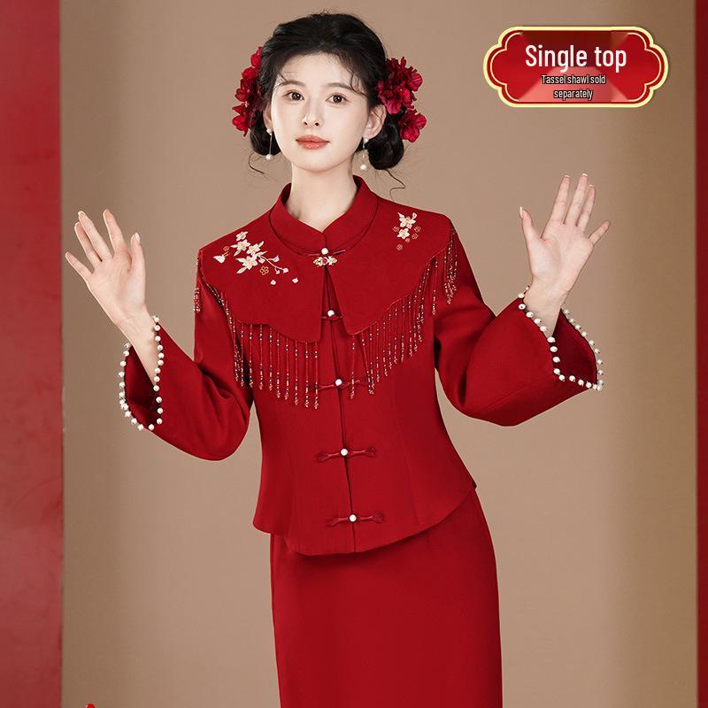 Elegant Chinese Wedding Banquet Embroidered Skirt Set with Tassels