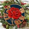 Vintage Metal Wall Art Red Rose 8x8 Inch Round Aluminum Sign Retro Golden Leaf Dark Blue Home Decor Flat Single Piece