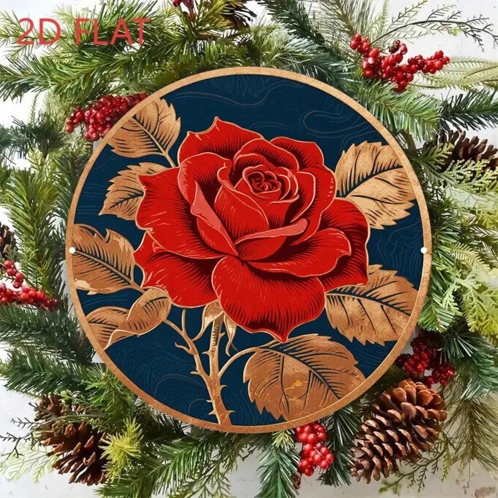 Vintage Metal Wall Art Red Rose 8x8 Inch Round Aluminum Sign Retro Golden Leaf Dark Blue Home Decor Flat Single Piece