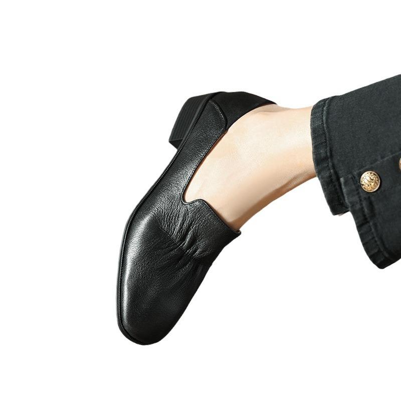 Chaussures simples à talons bas en cuir souple à la mode française pour femmes, chaussures de grand-mère à bouche profonde, chaussures confortables en cuir