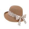 Women Breathable Woven Straw Bucket Hat Polka Dot Ribbon Bow DecorMetal Label WideBrimUV Protection Foldable Summer Beach Sun Hat for Travel Gardening