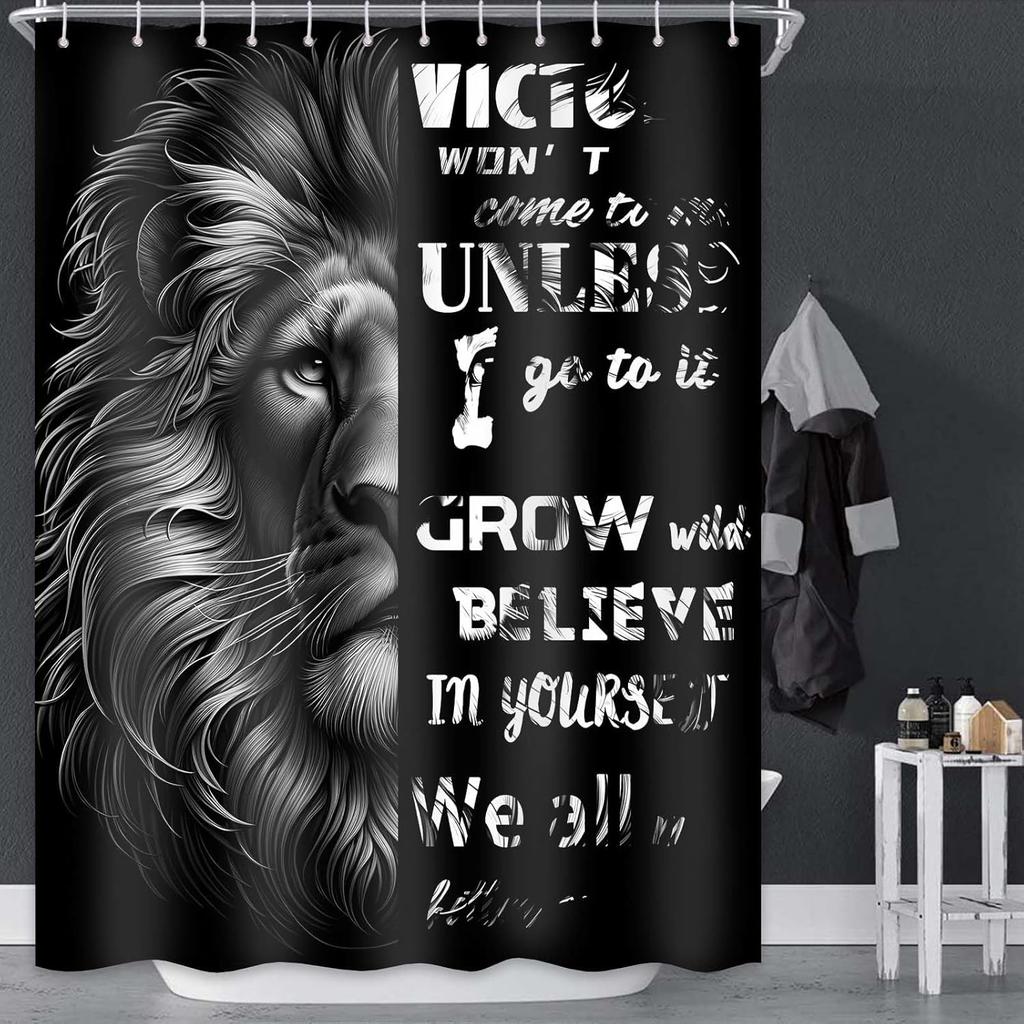 Lion Shower Curtain Black, Inspirational Shower Curtain Motivational Positive Affirmations Quotes Cool Mens Bathroom Decor, Wate