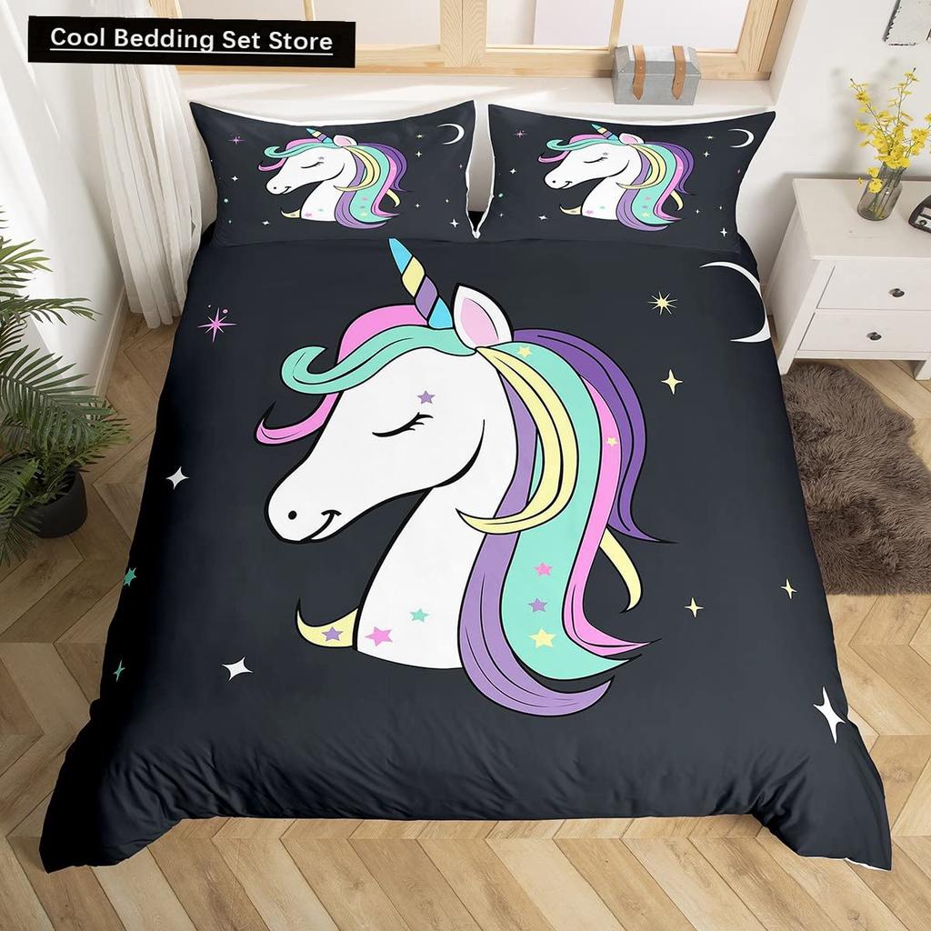 Kids Unicorn Stars King Queen Duvet Cover Cartoon Magic Animal Bedding Set Rainbow Shiny Quilt Cover Polyester Comforter Cover