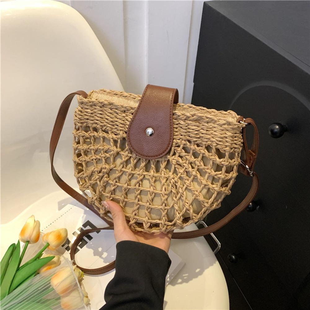 

Rattan Weave Straw Shoulder Bag Bohemian Beach Bag Trendy Semicircle Crossbody Bag Vacation