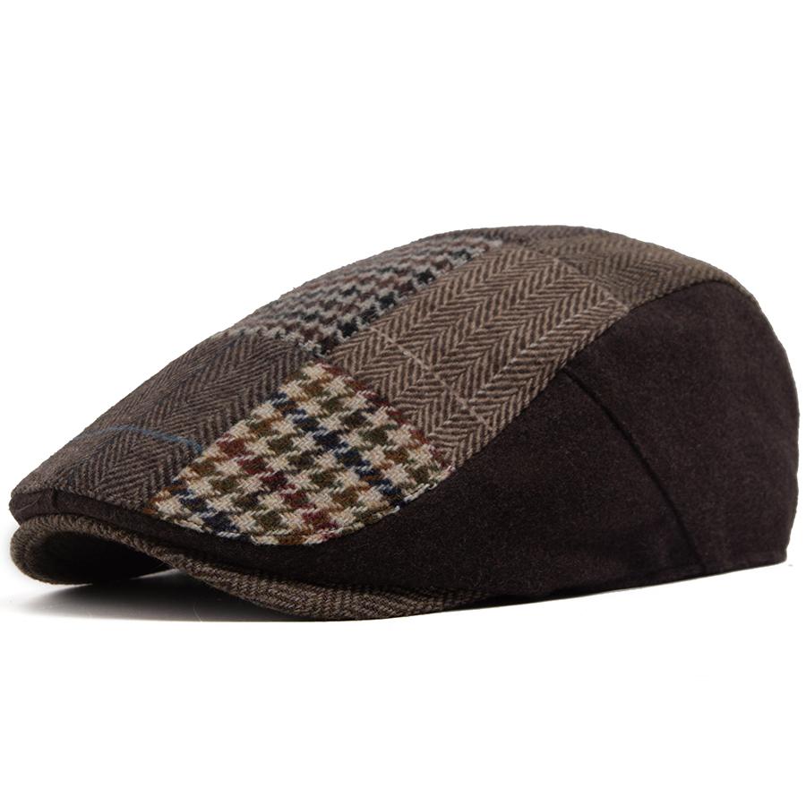 Men Women Patchwork Plaid Beret Vintage Wool Blend Flat Cap Autumn Winter Newsboy Hat Fashion Casual Female Ivy Caps For 54-58cm