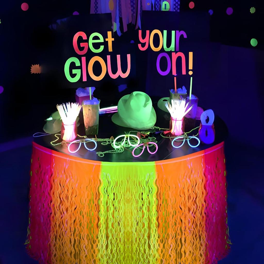 Mega-L Glow in The Dark Party Supplies, 2 Pack Neon Party Decorations Fluorescent Macaron Orange, Yellow and Fuchsia Wavy Metallic Tel Foil Fringe