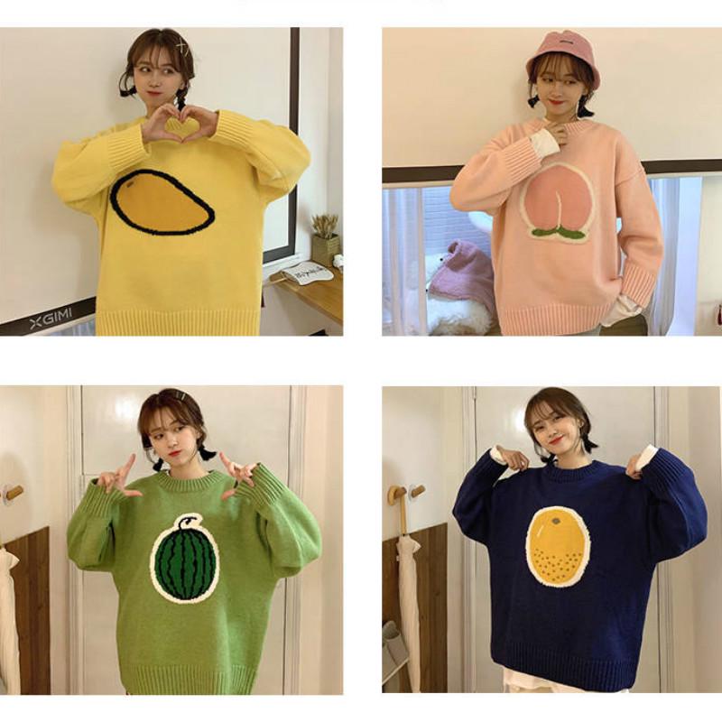 Pofulove Autumn Winter Fun Fruit Jacquard Sweater Loose Thick Long Sleeved Pullover Sweater Women