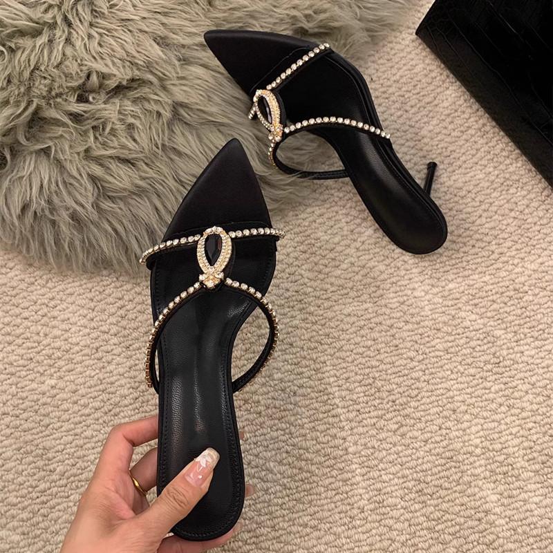 Fashion Luxury Rhinestones Gem Women Slippers Sandals Elegant Pointed toe Stiletto High heels Mules Slides Fashion Summer Party Shoes