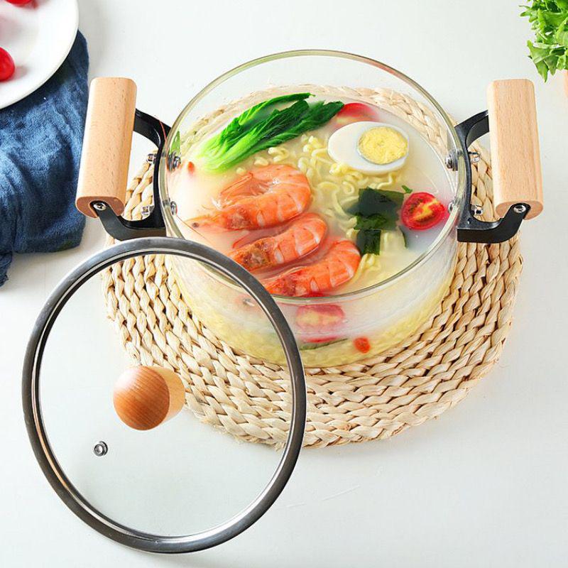 High Borosilicate Glass Soup Pot with Lid for Electric Stoves, Transparent Double Ear, Wood Handle.