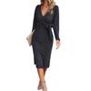 Women Cross V Neck Lace Up Sheath Dress Long Sleeves Knee Length Knitted Elastic Midi Dress Slim Fit Spring Fall Dress