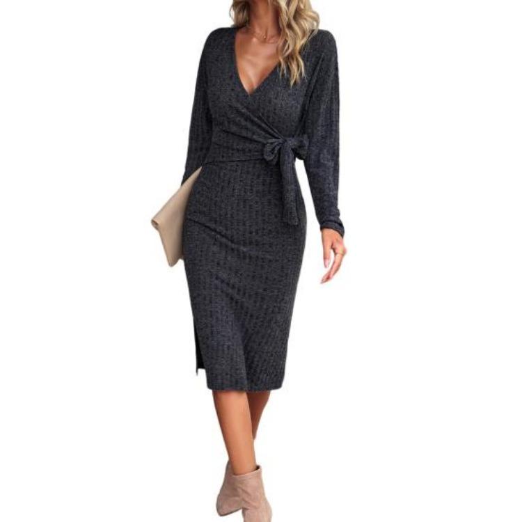 Women Cross V Neck Lace Up Sheath Dress Long Sleeves Knee Length Knitted Elastic Midi Dress Slim Fit Spring Fall Dress
