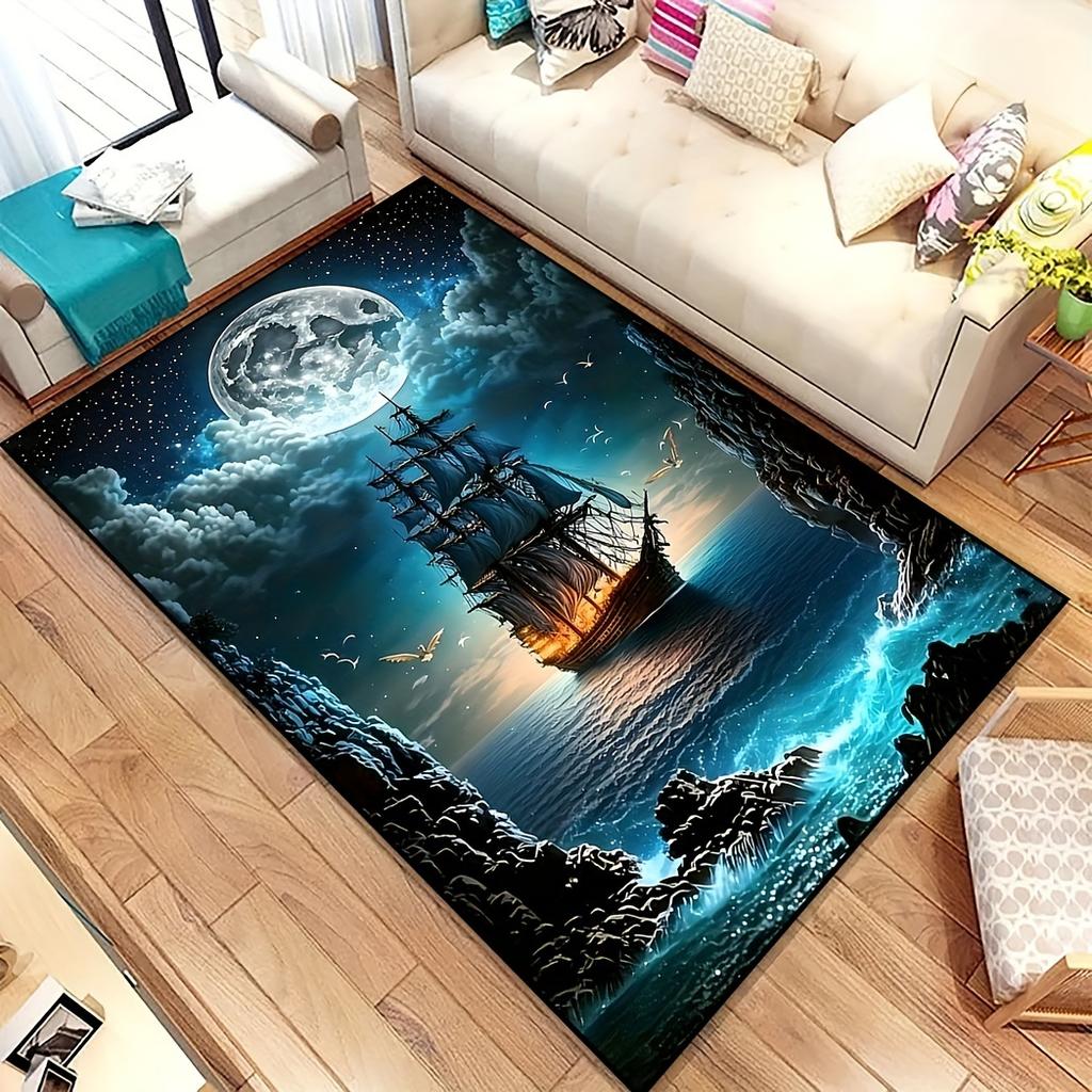 Giant Pirate Ship Area Rug - Nautical Themed Non-Slip Washable Carpet for Living Room, Bedroom & Dorm Decor