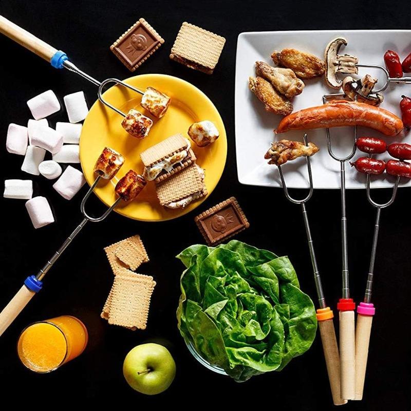 Stainless Steel Telescoping BBQ Fork U-Shaped Hot Dog Skewer with Wooden Handle for Outdoor Grilling Campfire BBQ Use