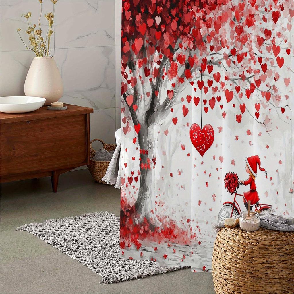 A Romantic Valentine'S Day Heart Tree Fairy Bicycle Printed Shower Curtain And Window Curtain With 12 Hooks.