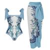 Women's Floral Print One-Piece Swimsuit with Matching Wrap Skirt Cover Up Set