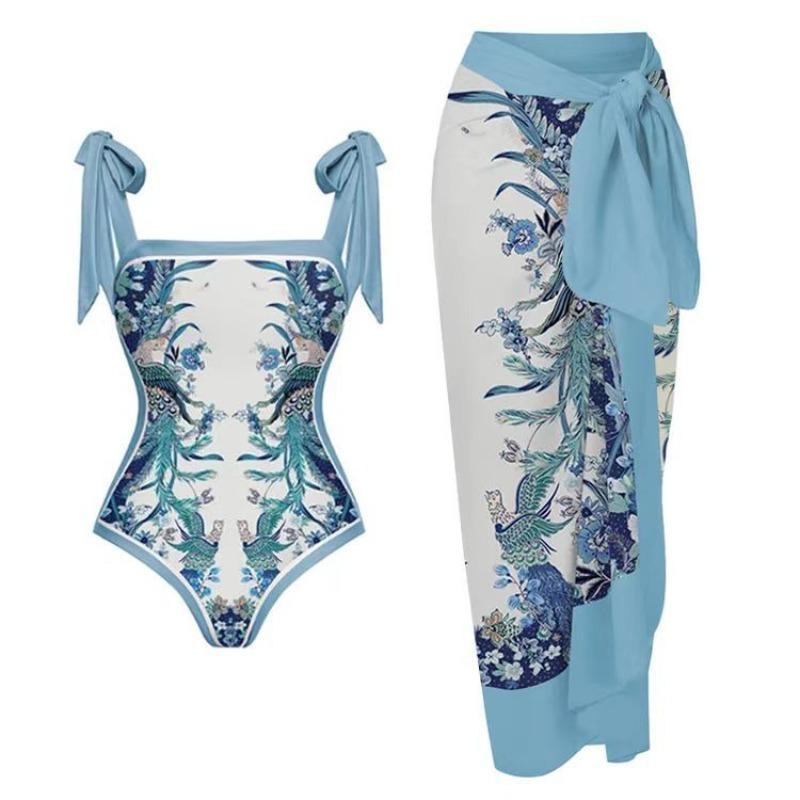 Women's Floral Print One-Piece Swimsuit with Matching Wrap Skirt Cover Up Set