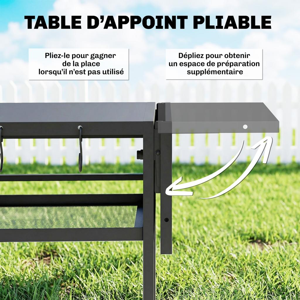 Garden Trolley Barbecue Cart on Casters with Foldable Side Tray, Three Shelves, 133 x 48.5 x 82 cm, Black