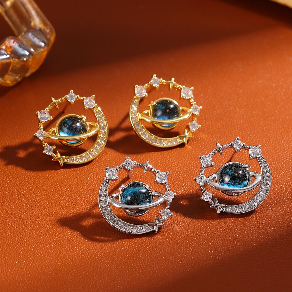 ZAKOL New Universe Planet Shiny Zircon Stud Earrings for Women Korean Fashion Aesthetic Zircon Ear Accessories