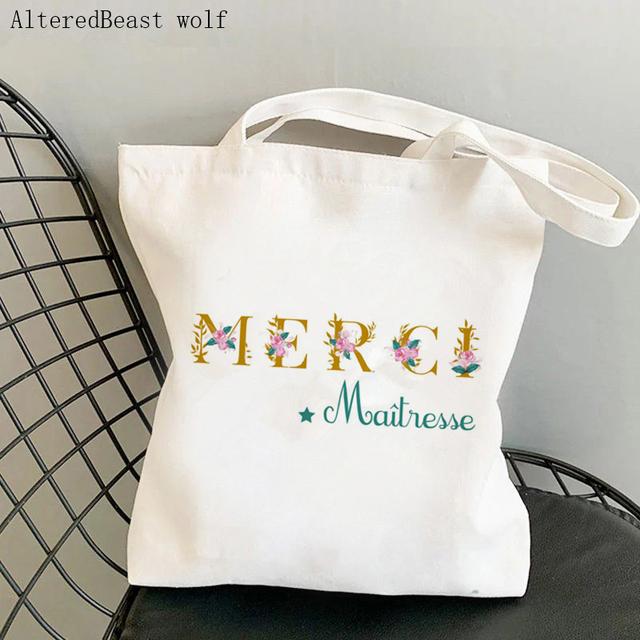 French Thank You Mistress Women Canvas Kawaii Shopping Shoulder Bag Merci Atsem Harajuku Bag Gift for Teacher Shoulder Bags
