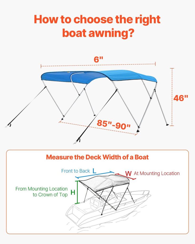 3 Bow Boat Bimini Tops 72"Lx(85"-90")W x 46"H Awning Canopy Pacific Blue