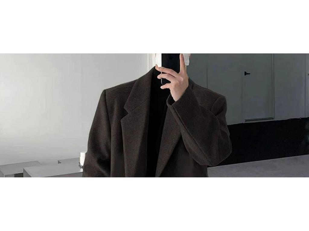 Men's Black Mid-Length Woolen Trench Coat – Autumn/Winter Loose Fit, Thickened Korean Style.