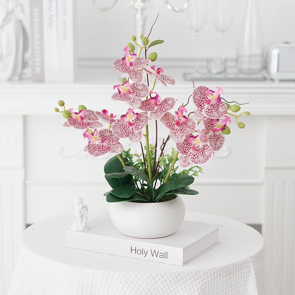 Phalaenopsis Artificial Flower Arrangement in Ceramic Pot – Decorative Faux Orchid for Living Room