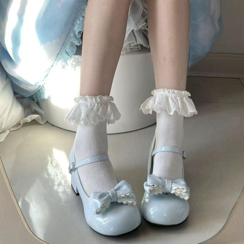 2026 Lolita Style Cute Round Head Jane Pumps with Bow Women Sweet Party Dress Midi Heels Shoes Fashion PU Sneakers Women