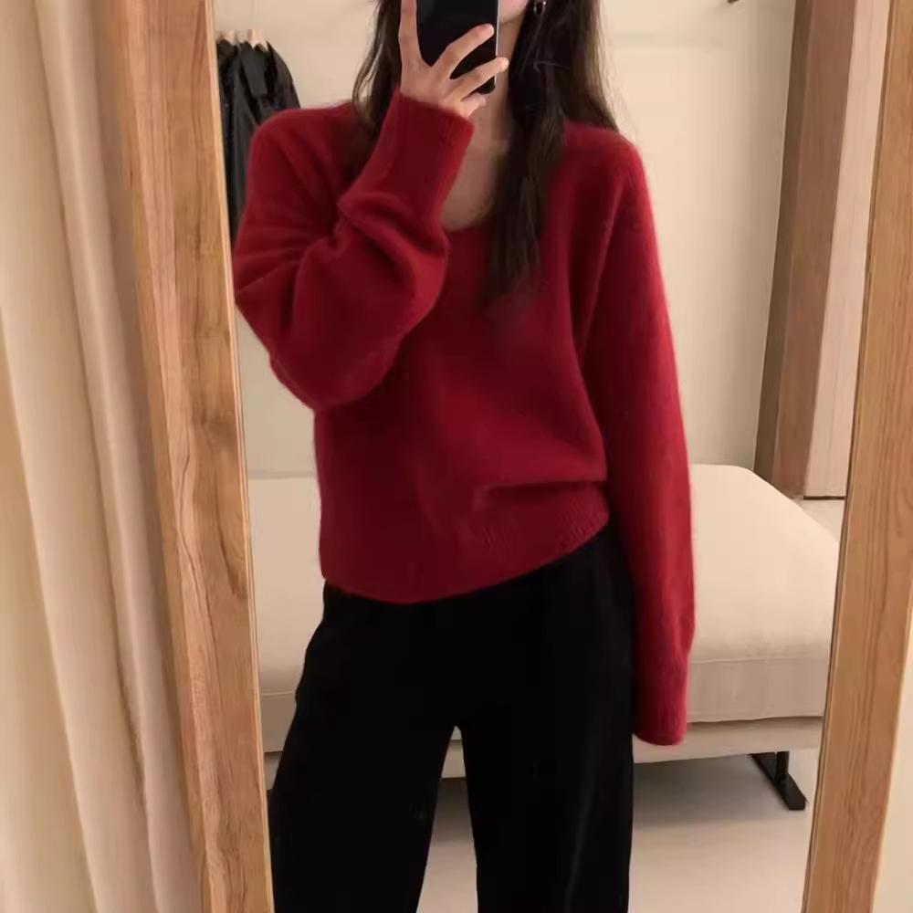 Women's V-neck Knitted Sweater Thick Autumn and Winter Loose Lazy Sweater Pullover Sweater