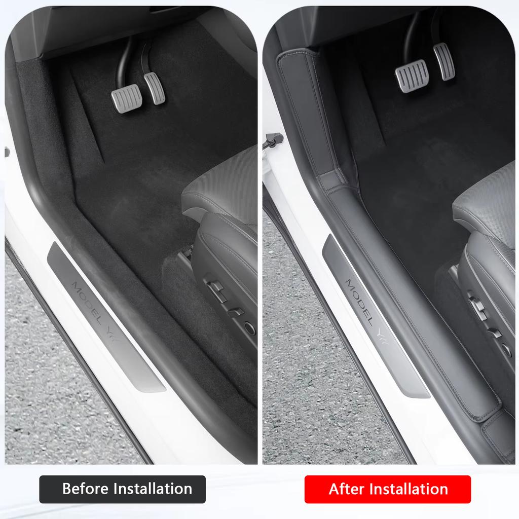 For Tesla Model YL 6-Seater Front Rear Door Sill Protector Leather Threshold Bumper Strip Guards Anti-kick Pads Car Accessories