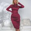 Sukienka midi z wysokim dekoltem, marszczona w talii, dopasowana, elegancka sukienka bodycon z długim rękawem na jesień