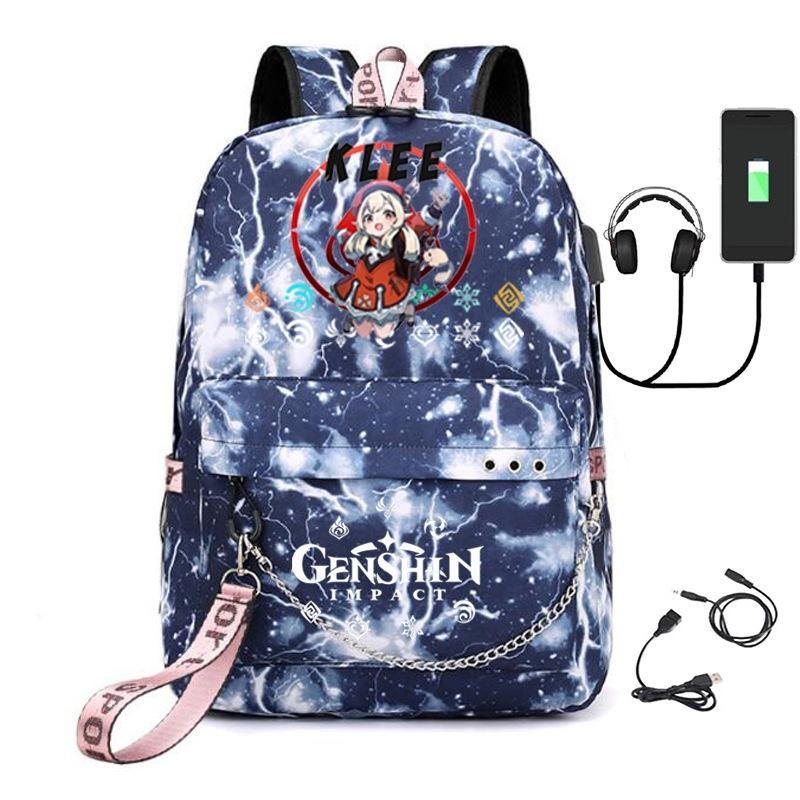 Printed Iron Chain Usbgenshinimpact Yuanshen Backpack Leisure Middle School Student Travel School Bag