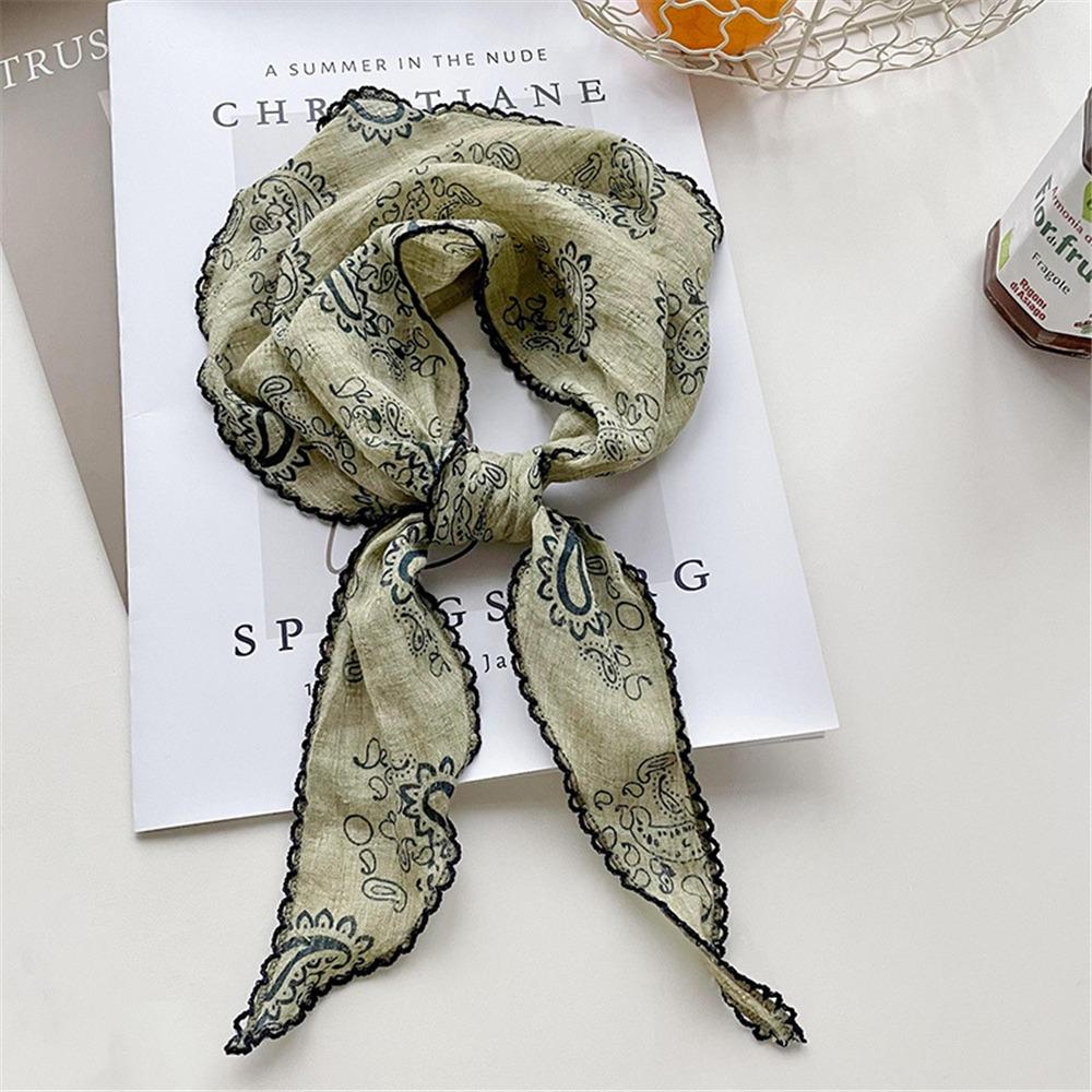 Lightweight Floral Triangle Scarf Korean Style Thin Vintage Neck Scarf Head Wrap Breathable Cotton Linen Scarf for Women