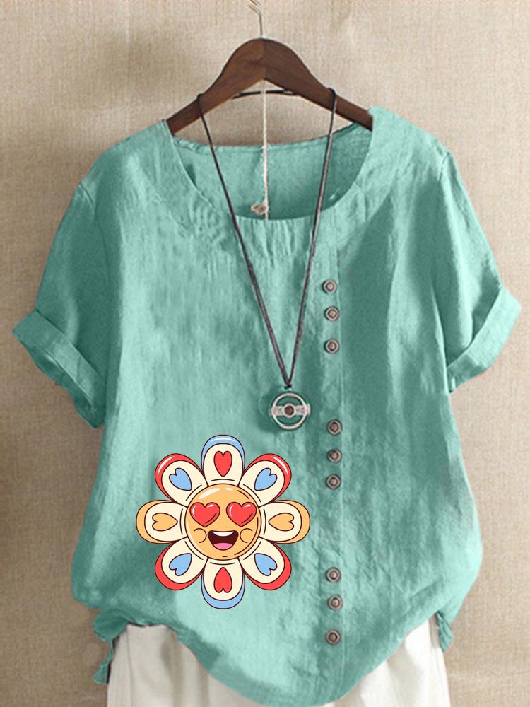 Women's Fashion Love Petal Print Round Neck Short Sleeve T-shirt Casual Cotton Linen Graphic Shirt Leisure Loose Summer Blouse Tops