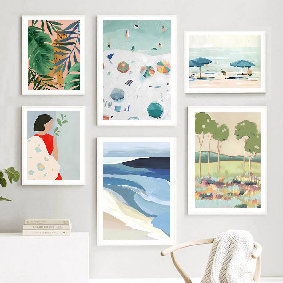 Boho Abstract Girl Sea Beach Leaf Illustration Wall Art Canvas Painting Nordic Poster And Prints Pictures For Living Room Decor