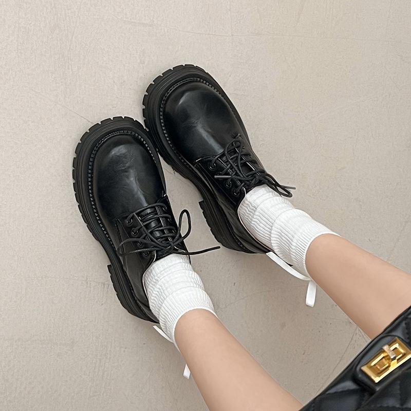 British style platform thick heel single shoes women's retro imitation leather fashion versatile lace-up round head jk small leather shoes