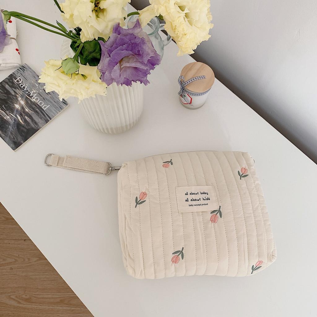 Cotton Portable Storage Bag Zipper Embroidery Diaper Bag Reusable Nappy Sanitary Pads Organizer Stroller Bags Cosmetics Handbag