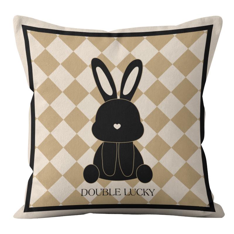Modern Minimalist Plaid Rabbit Print Pillow Cover with Short Plush Fabric, Home Sofa, Car Cushion