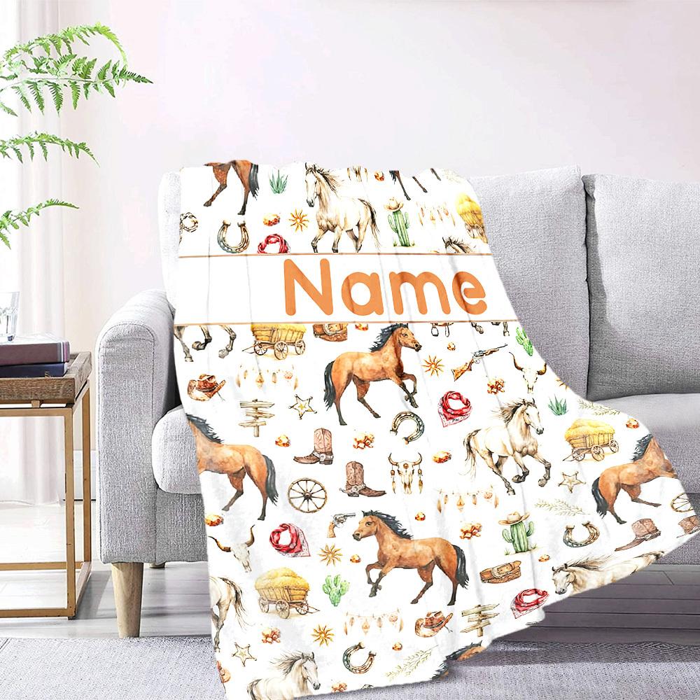 Western Horse And Cowboy Theme Pattern Cozy Customizable Blanket Customize Text Comfortable Suitable For Sofa Couch Office Bed Picnics For All