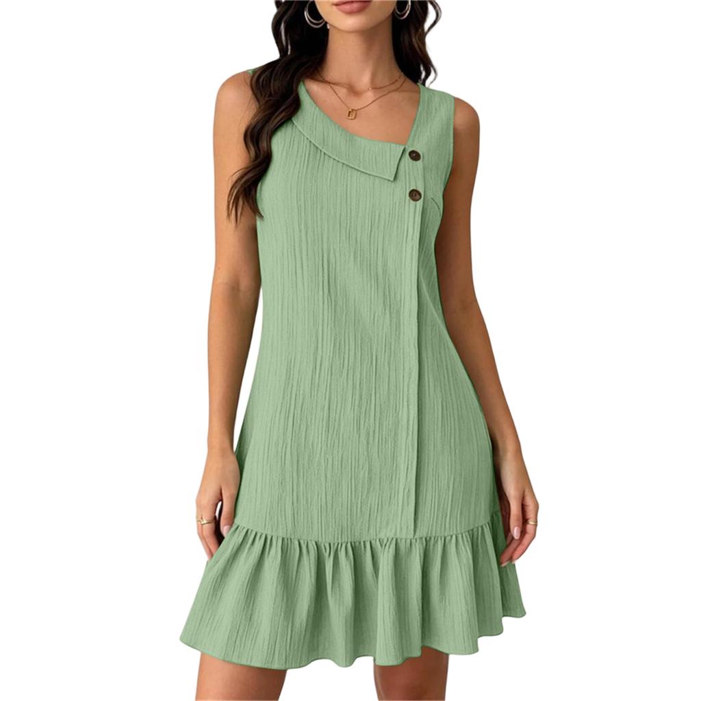 Ärmelloses Falten-Freizeitkleid mit Rüschensaum Knopfdetails Lockere Passform Sommerurlaubskleid für Damen