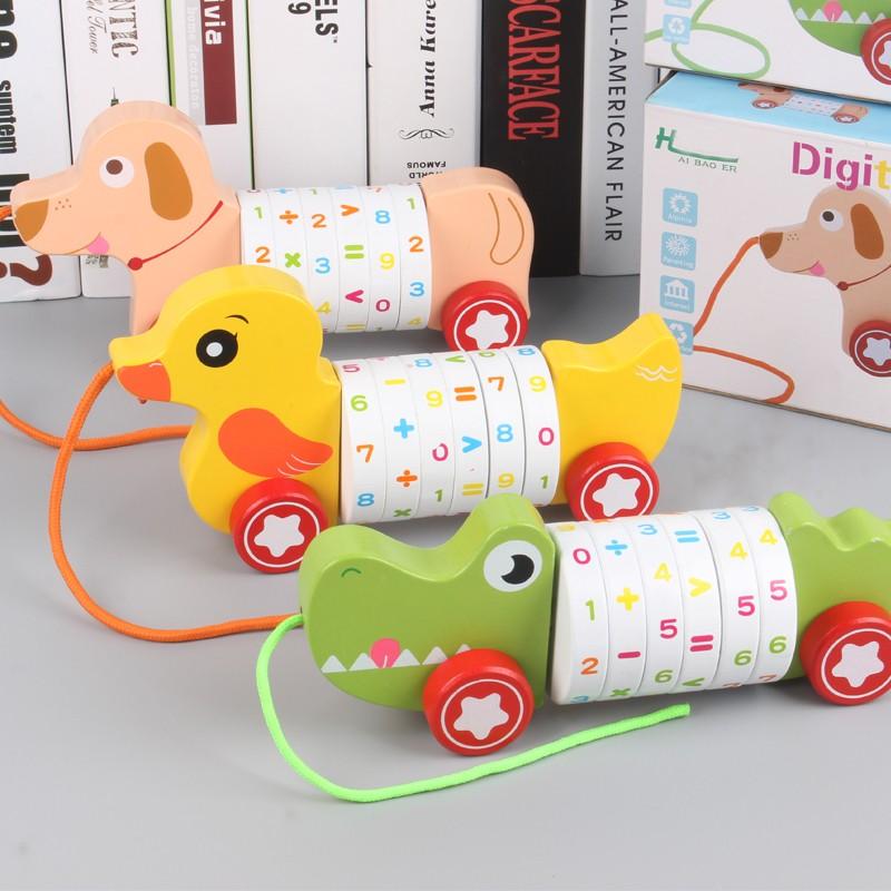 Wooden Animal Push Down Car Pull Rope Car Towing Toys Push and Go Baby Girl Walker Duck Puppy for Kids Early Education Toddler