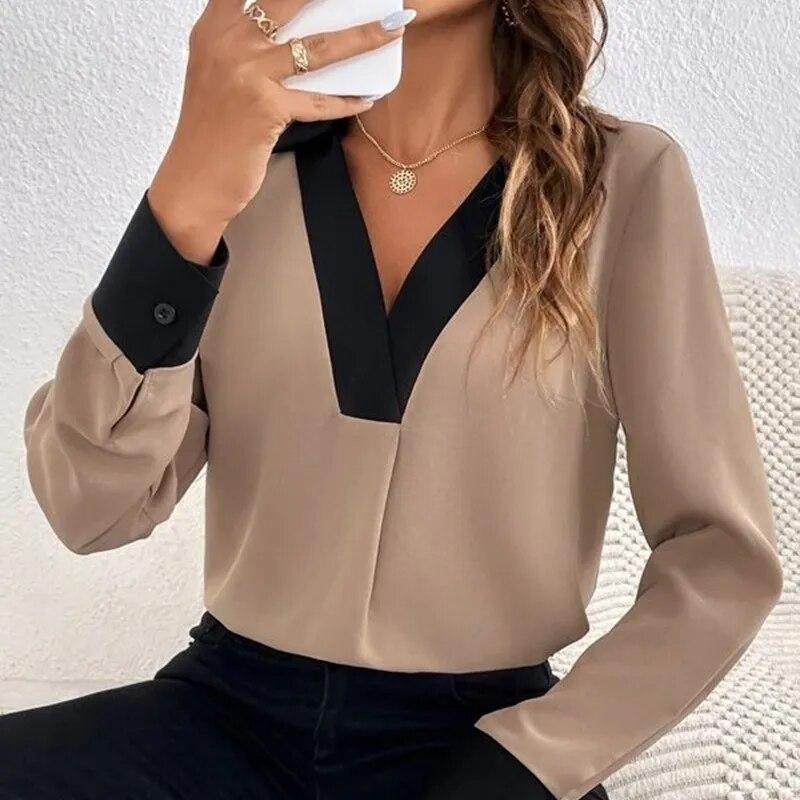 Women Long Sleeve V-neck Blouse Fashion Contrast Shirt Autumn 2026 Casual Loose Shirts Office Lady Tops Clothes Blusas 29450