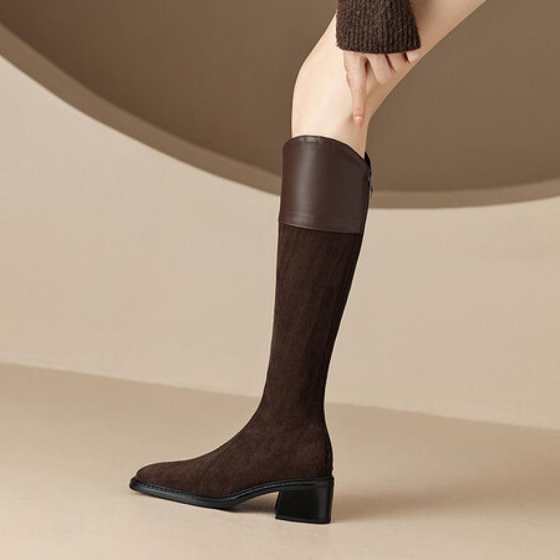 Korean Version of the New Medium-heeled High Boots, Comfortable Square-heeled Thick-soled Non-slip Leather Boots, Zipper Solid-color Martin Boots Aft