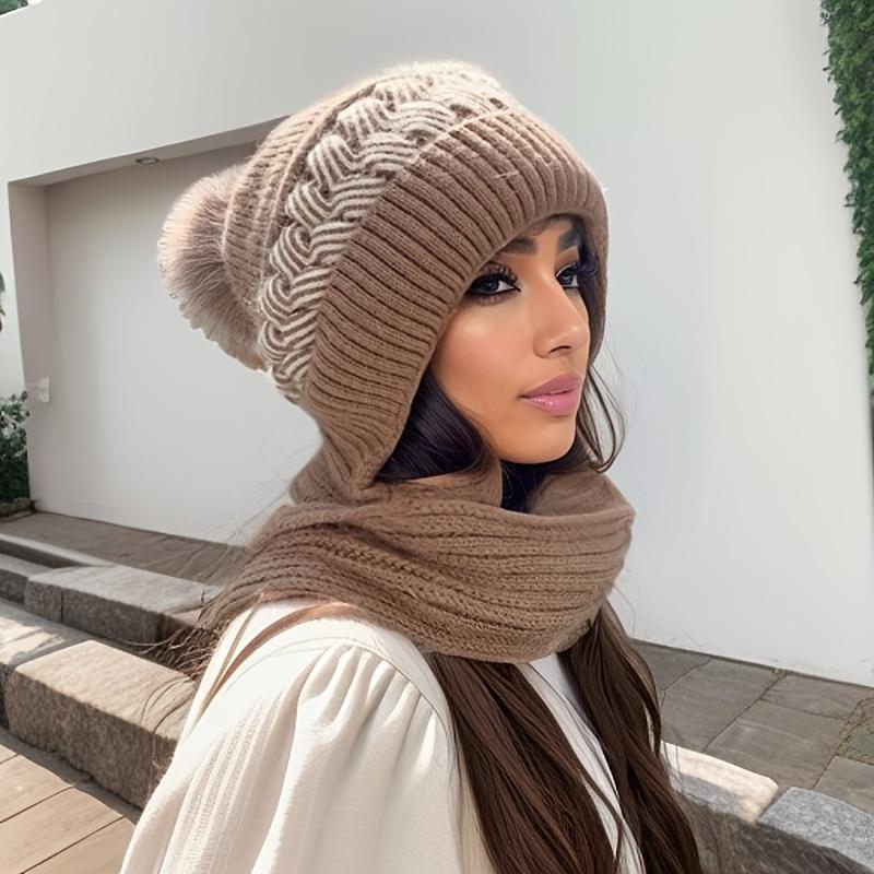 Autumn and Winter Warm Fleece-Lined Thickened Scarf with Integrated Hat хаки