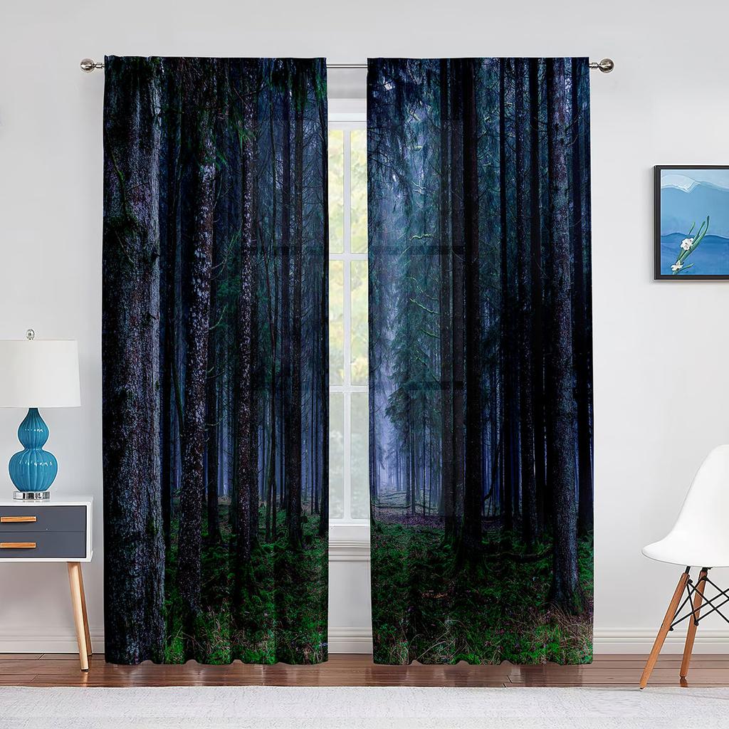 2panels Woodland Forest Foliage Sunbeams Nature View Curtains for Living Room Bedroom Kitchen Decor Sheer Curtains Window Drape
