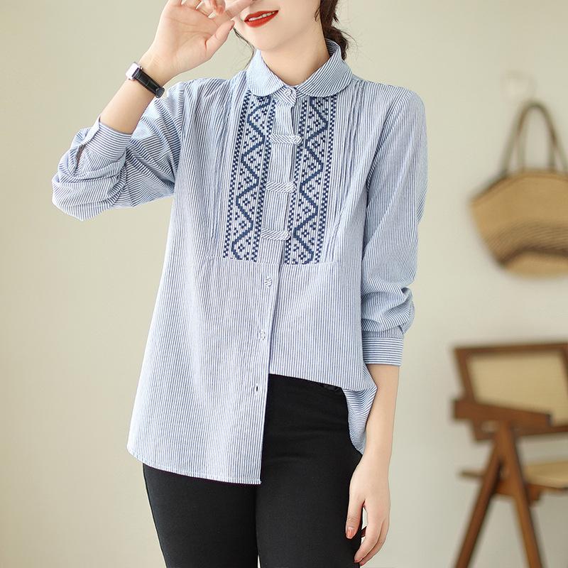 Autumn Commuting Ethnic Style Embroidery Design Sense Niche Button Slimming Striped Long Sleeved Shirt for Women Blouses & Shirts