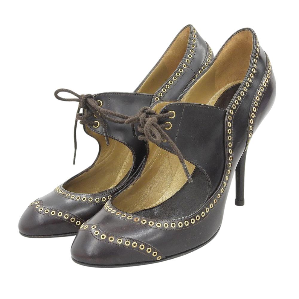 Sergio Rossi Beautiful Leather Lace-up Round Toe Heel Pumps for Women, Brown, Size 38 Shoes 38 BrownUsed